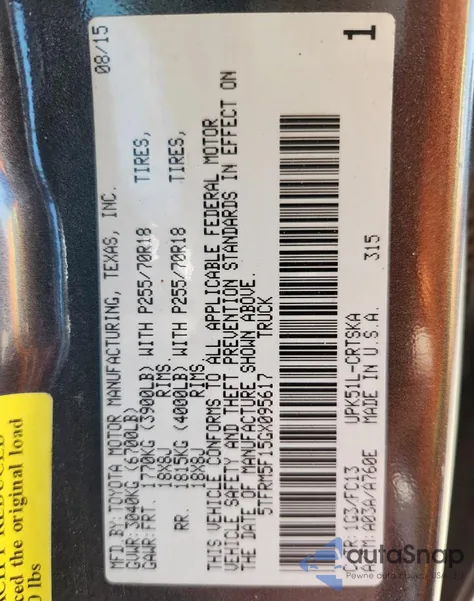 2016 Toyota Tundra Double Cab Sr z USA, uszkodzony, nr VIN 5TFRM5F15GX095617